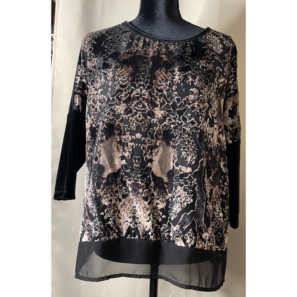 Chicos 1 US Medium Blouse Black Velvet Burnout Animal Print Sheer Hem 3/4 Sleeve